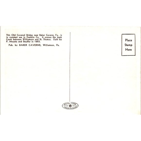 Covered Bridge Franklin County Pennsylvania Postcard Travel Souvenir Unposted - Picture 2 of 2